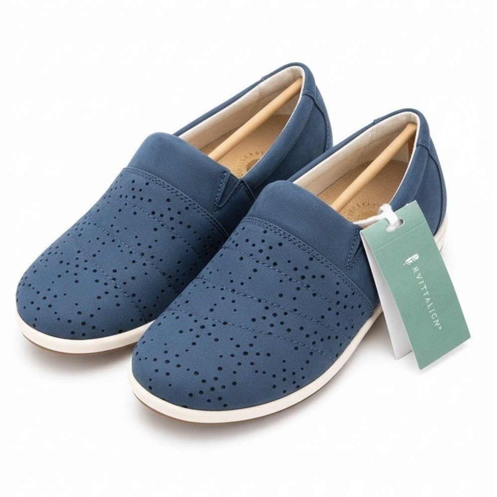 Revitalign Ridgeway Picasso Marine Blue Leather Slip On Clog Womens 6.5 Wide NEW